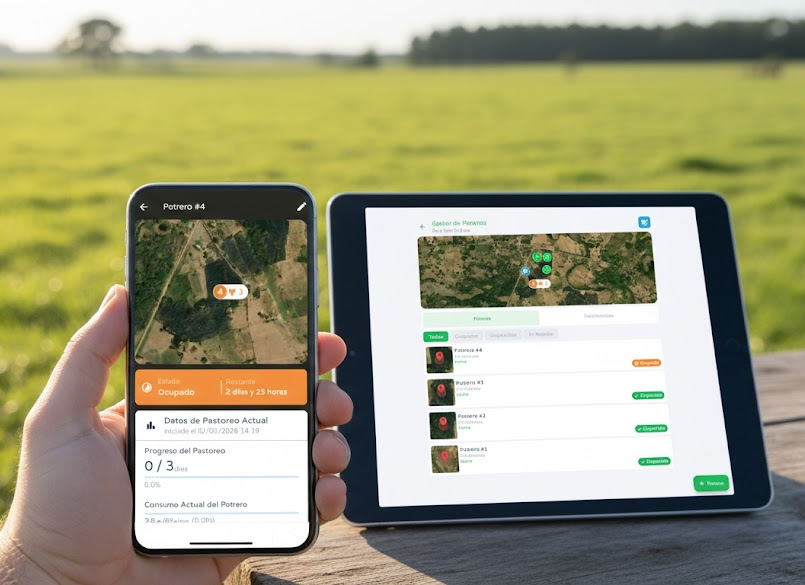 Imagen de 2 dispositivos mostrando el sistema de potreros de Mi Ganado, el mejor Software Ganadero y Sistema de Gestión Ganadera